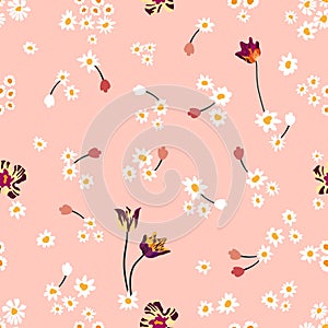 Seamless pattern with tulips and daisies. photo